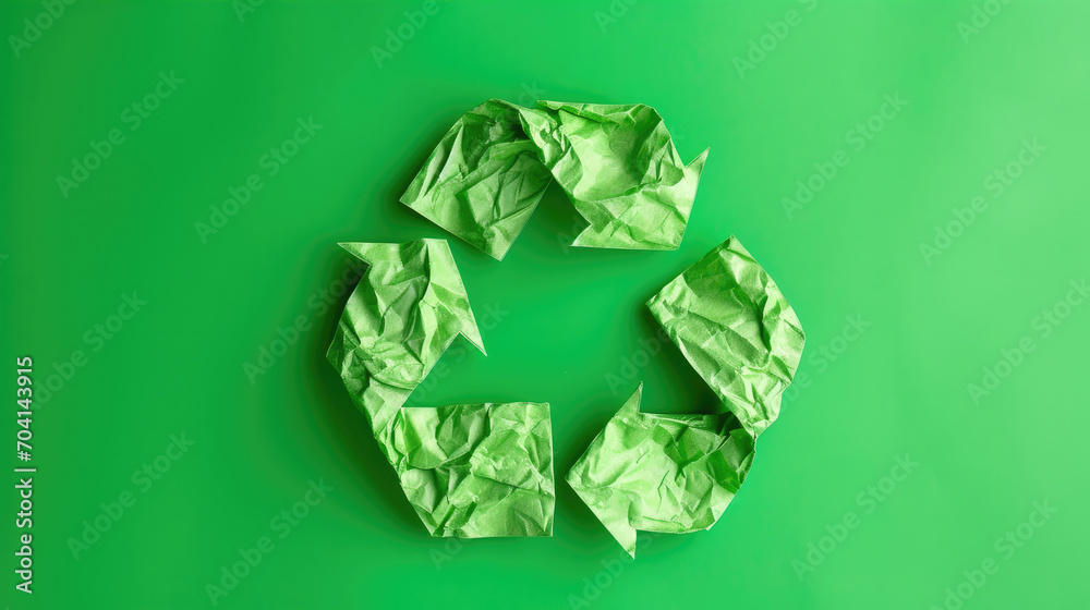 Green recycle symbol on crumbled wrinkled paper. Graphic banner with copyspace Green recycle symbol on crumbled wrinkled paper. Graphic banner with copyspace