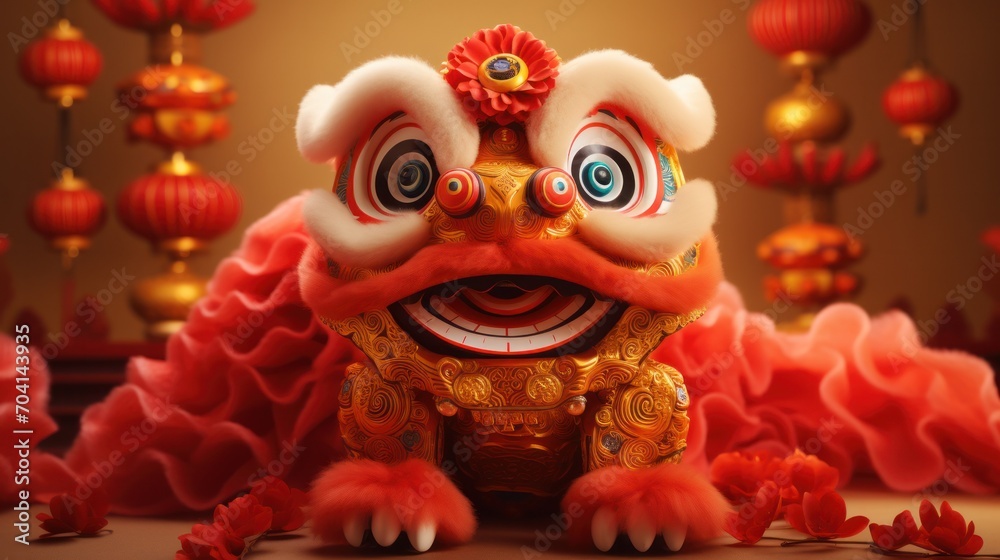 Traditional Chinese lion dance costume with festive decoration. Chinese New Year celebration.