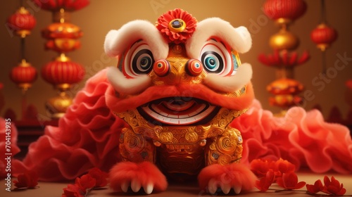 Traditional Chinese lion dance costume with festive decoration. Chinese New Year celebration.