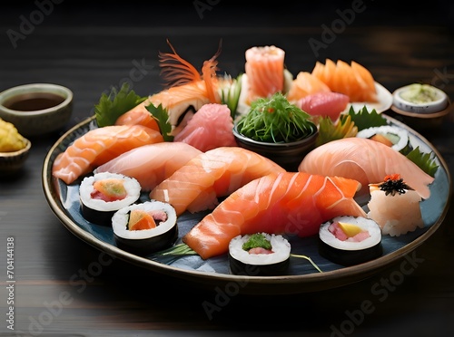 A plate of sushi, including various types such as salmon and California roll, as well as garnishes.