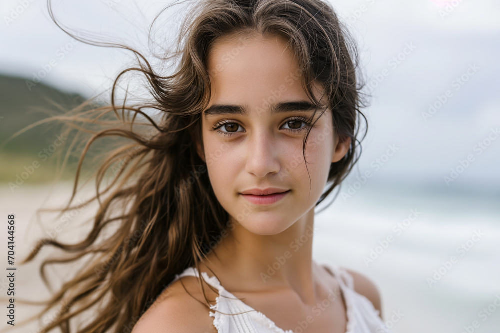 A girl posing on a beach with wind in her hair, portrait