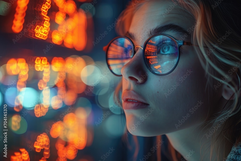 Woman in glasses looking at a data display system, Woman in glasses looking at a data display system,