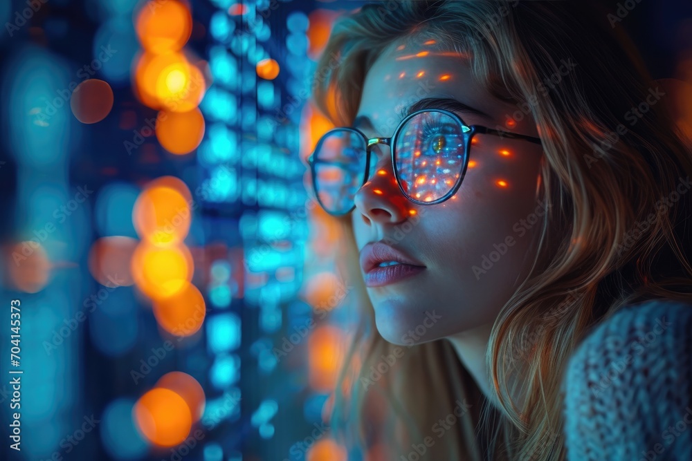  Woman in glasses looking at a data display system,