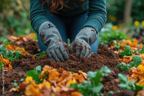 Woman in gloves digging and planting 