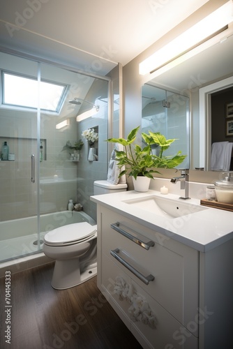 Small bathroom with white vanity and large shower