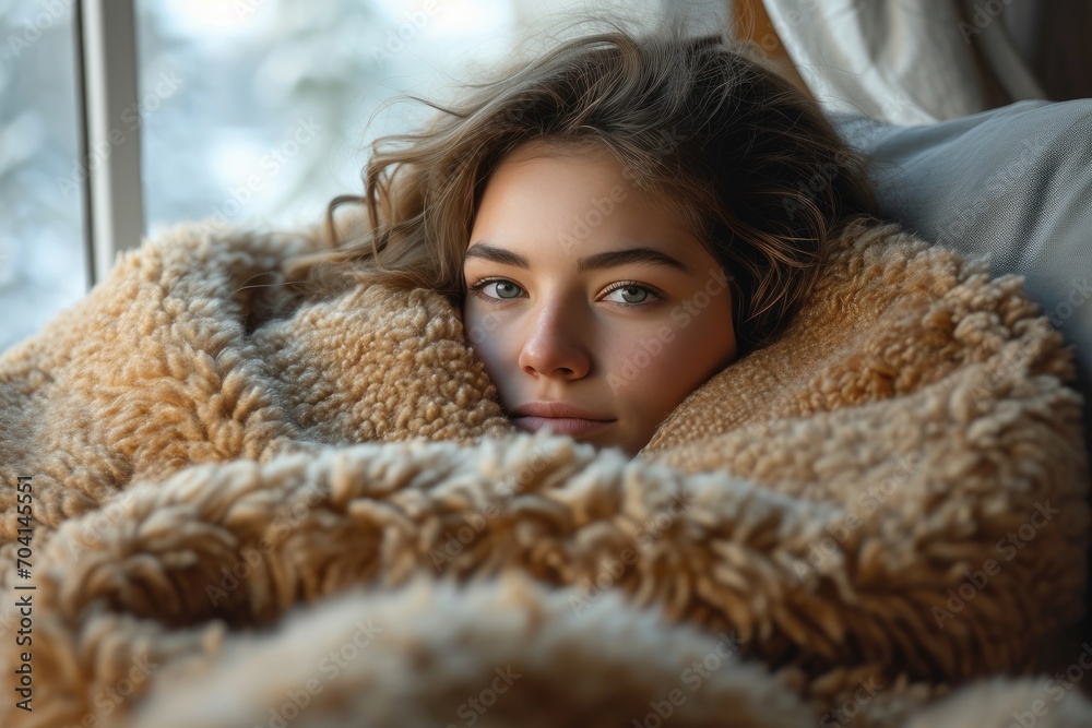 Woman who is sick at home is wearing a blanket and lying on the couch Woman who is sick at home is wearing a blanket and lying on the couch