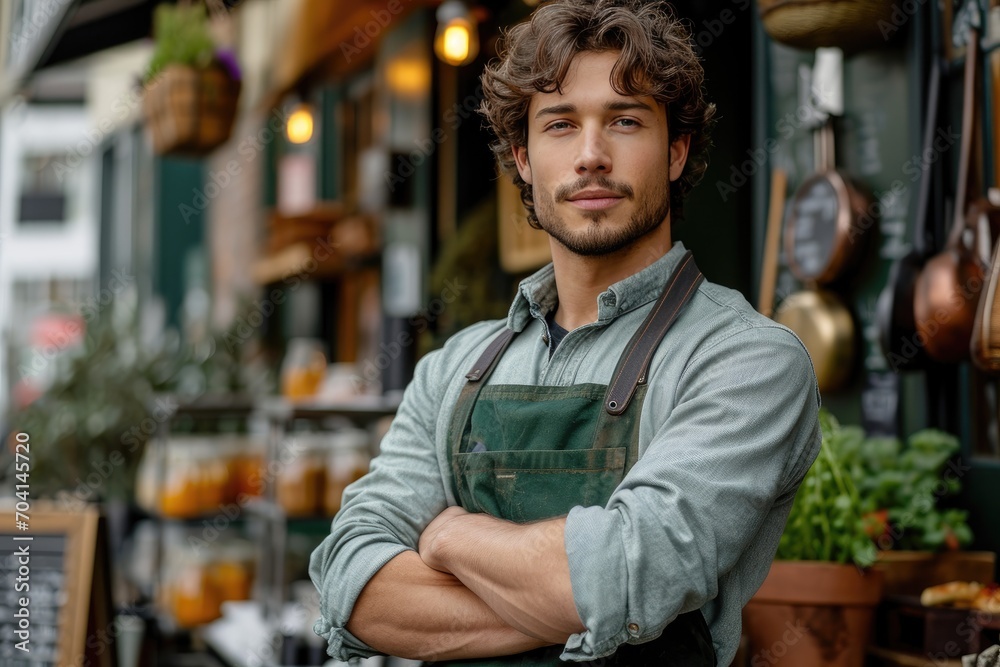 Young man in apron standing outside 