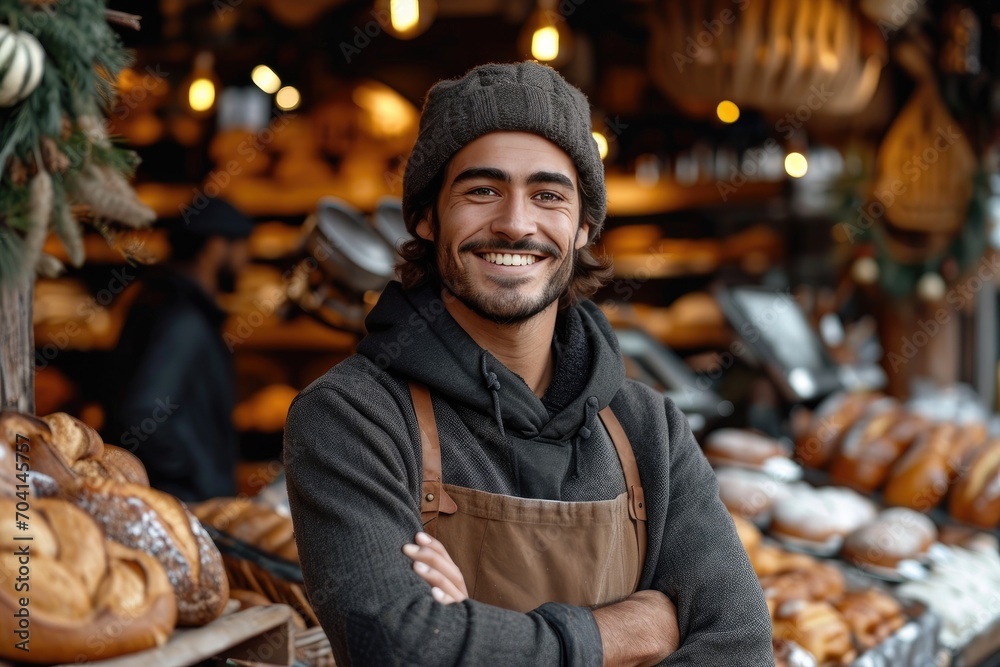 Man bakery owner standing in the bakery