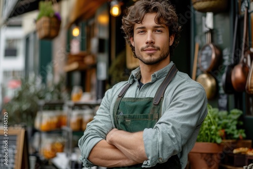 Young man in apron standing outside 