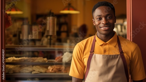 African young male standing in front of bakery