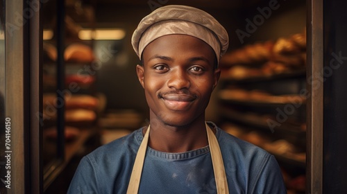 African young male standing in front of bakery