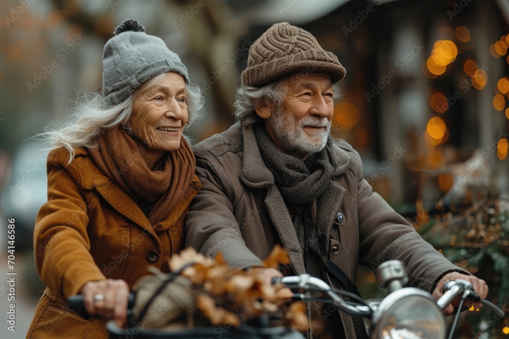 An elderly couple riding bicycles An elderly couple riding bicycles