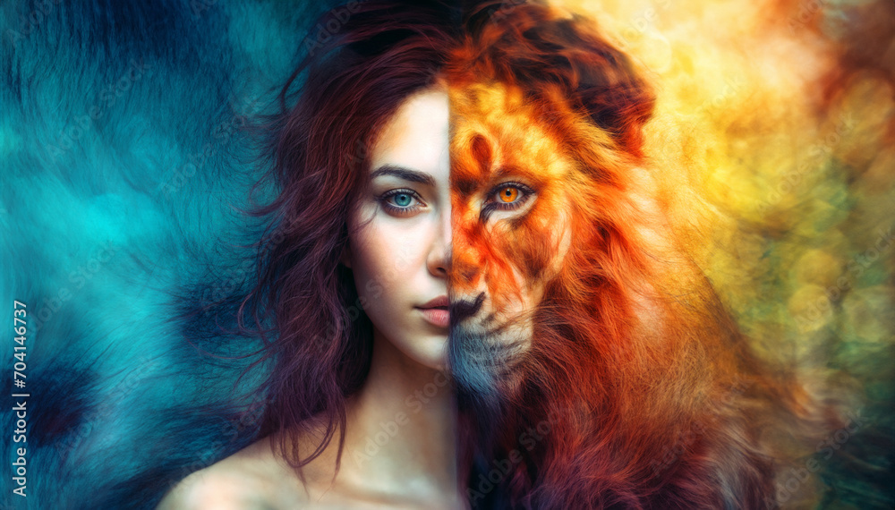 the artful manipulation of a lion's face, seamlessly blending human and animal features. Vibrant red and yellow hues accentuate the half-lion, half-human visage. generative AI.