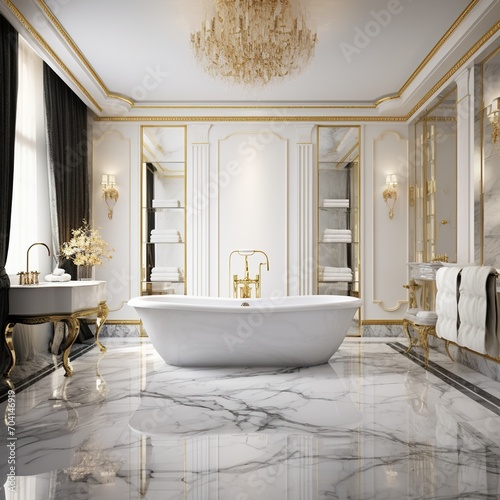 Luxurious bathroom with marble tiles and golden fixtures