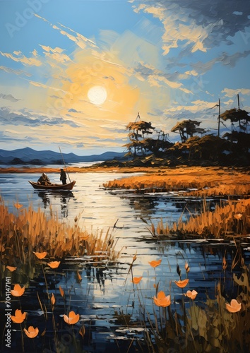 Fishing boat on a lake at sunset