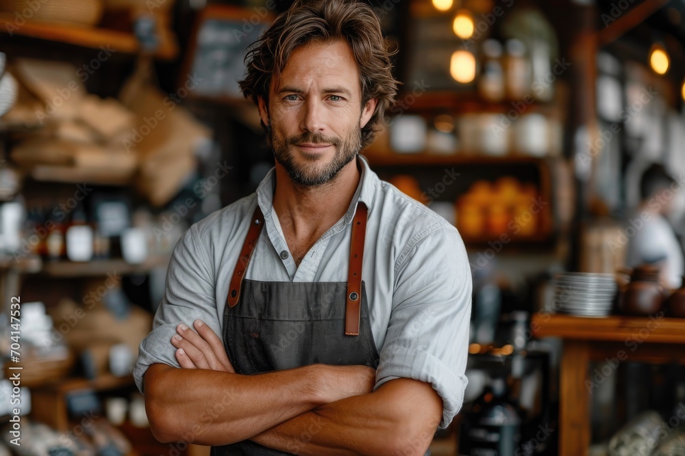 Man with his arms crossed in his apron in a coffee shop Man with his arms crossed in his apron in a coffee shop