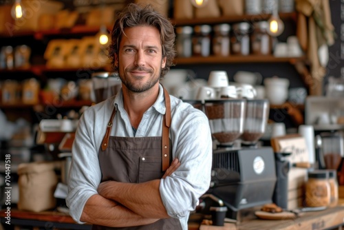 Man with his arms crossed in his apron in a coffee shop