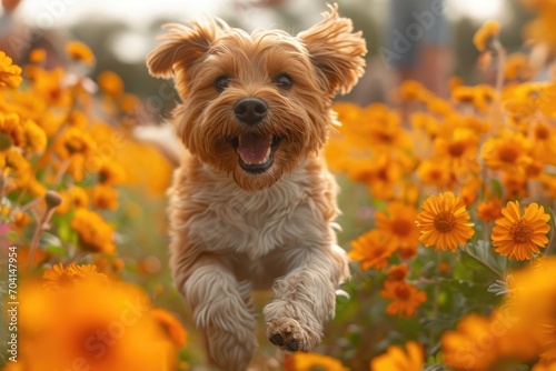 Dog running on a field of flowers