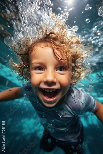 Ecstatic young boy swimming underwater in a pool photo