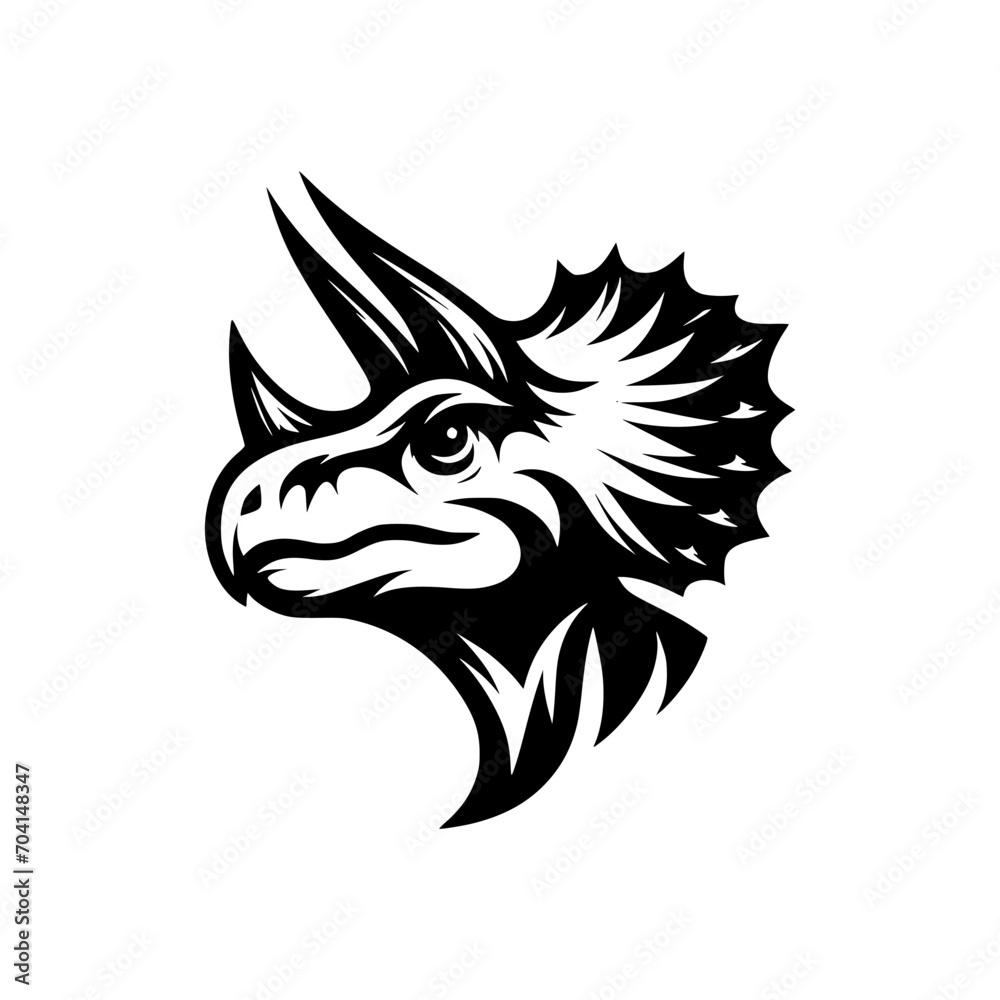 Obraz premium Vector logo of a triceratops head. Professional black and white logo of the jurassic era. Icon for dinosaur.