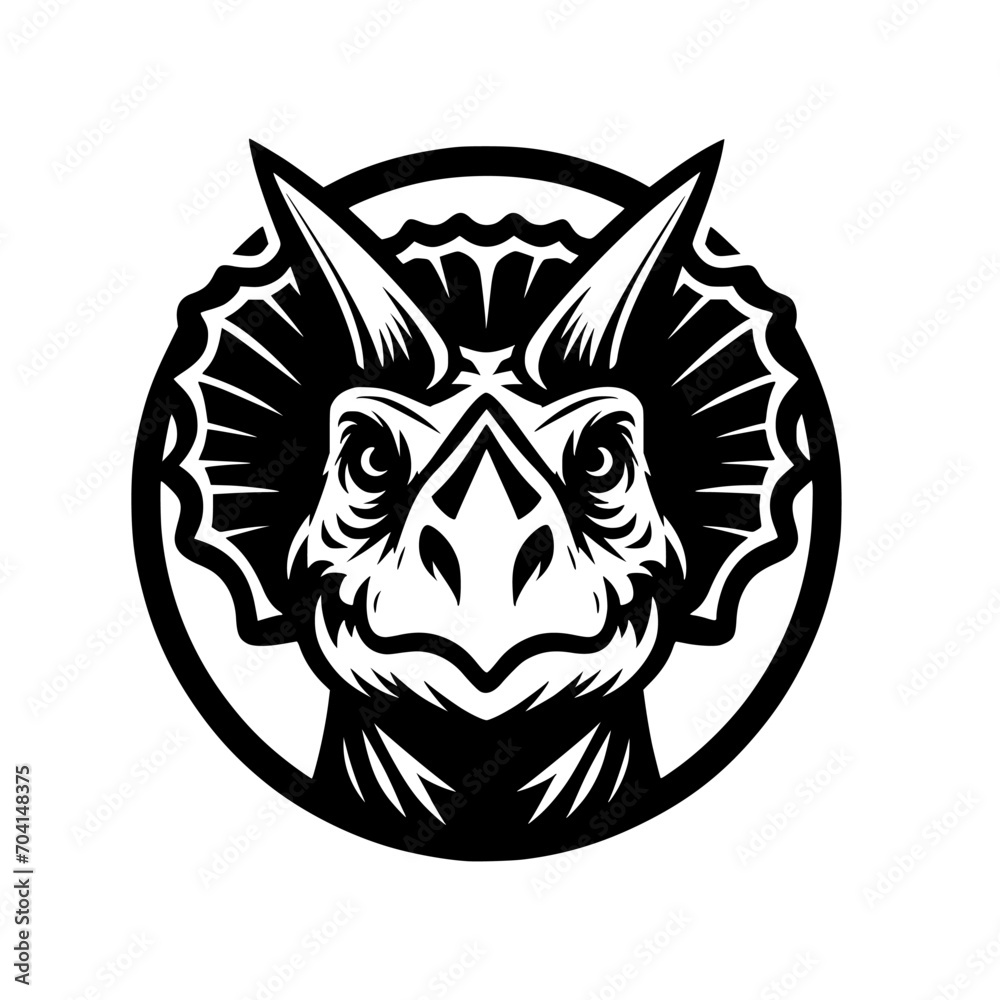 Obraz premium Vector logo of a triceratops head. Professional black and white logo of the jurassic era. Icon for dinosaur.