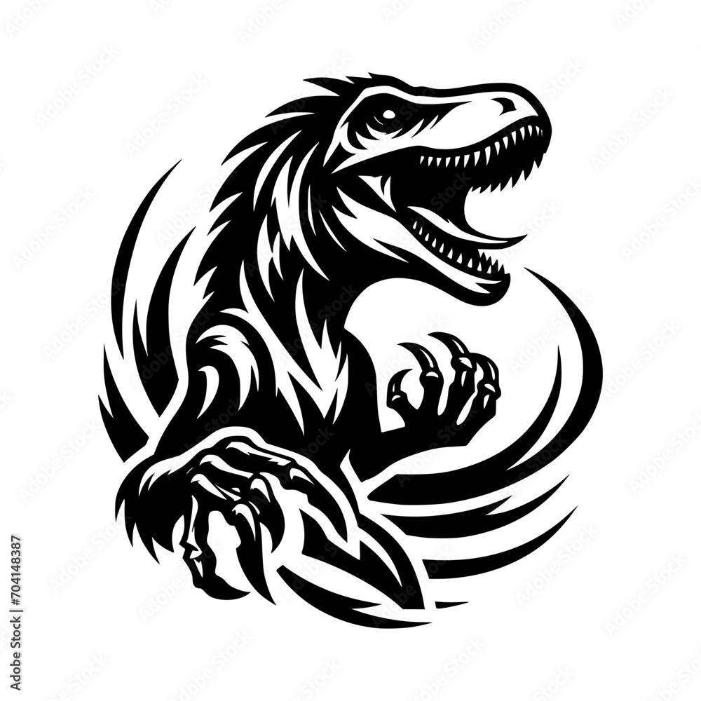 Vector logo of velociraptor head. Professional black and white logo of tyrannosaurus rex. Icon of Jurassic era. Vector logo of velociraptor head. Professional black and white logo of tyrannosaurus rex. Icon of Jurassic era.