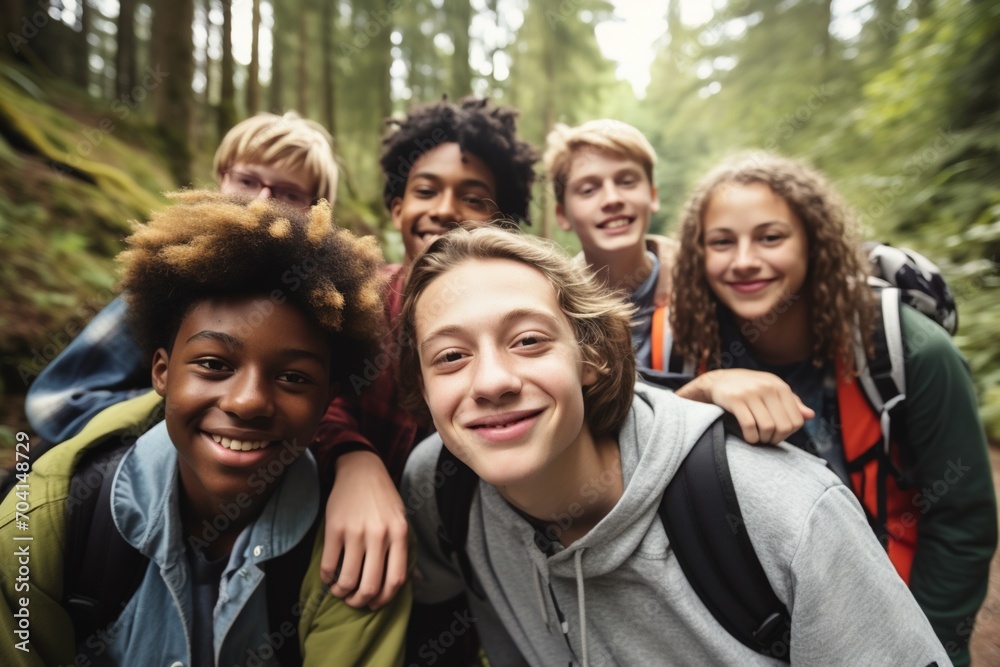 Multiethnic group of happy teenage friends hiking in the woods