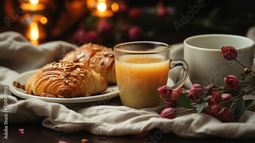 Still life with croissants, coffee, and roses photo