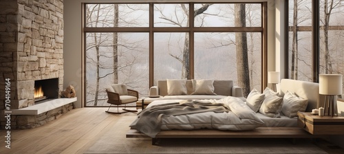 Modern bedroom interior with fireplace and large windows