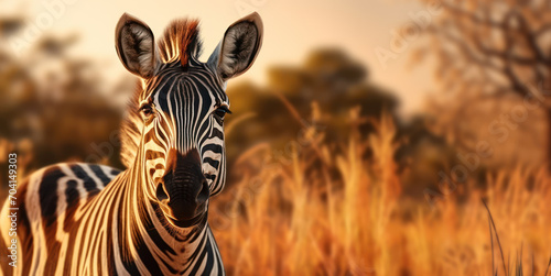 Portrait of a zebra standing in a meadow in the afternoon  wild animal in its habitat