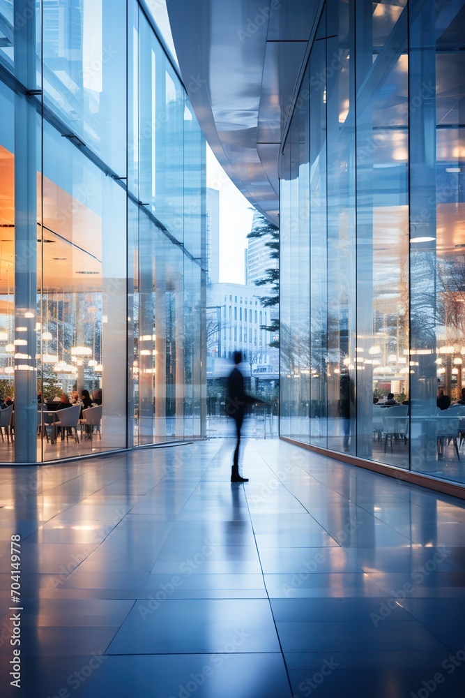 Modern glass architecture interior with blurred people walking