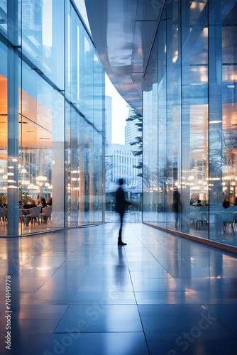 Modern glass architecture interior with blurred people walking