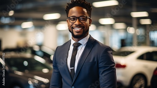 Black car salesman smiling in front of luxury cars in showroom © duyina1990