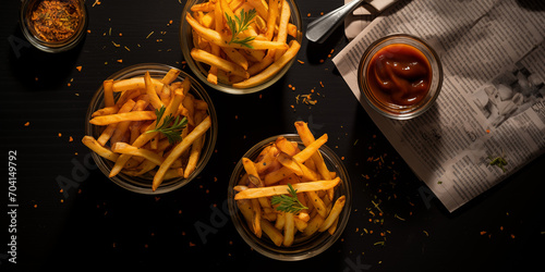 three bowls of gourmet french fries with persey and seasoning and a lisle bowl of ketchup on newspaper classic street food