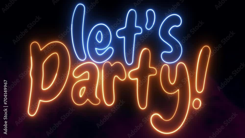 Let's Party text font with neon light. Luminous and shimmering haze inside the letters of the text Party. Lets Party neon sign.	
