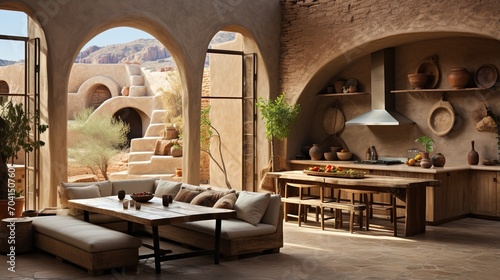 Modern adobe house interior with a kitchen and a dining area photo