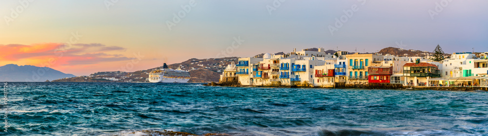 Little Venice sunset panorama at Mykonos Island, Greece - obrazy, fototapety, plakaty 