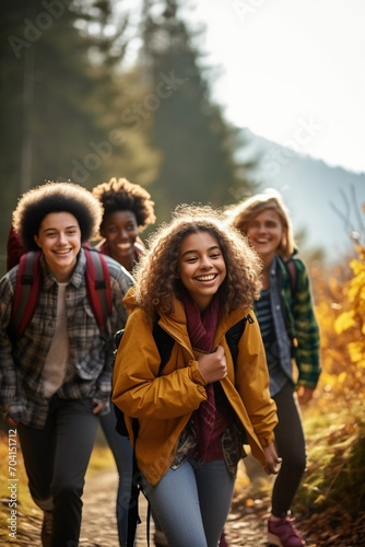 Diverse group of friends hiking in the woods