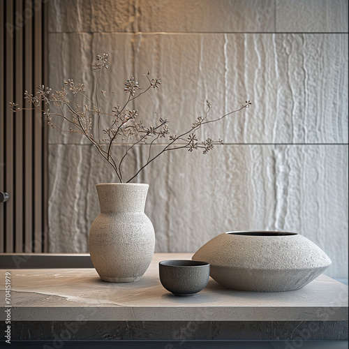 quiet luxury home interior of a luxurious neutral home decor, minimalist stone and clay ceramics, subtle colours quality textures and fabrics photo