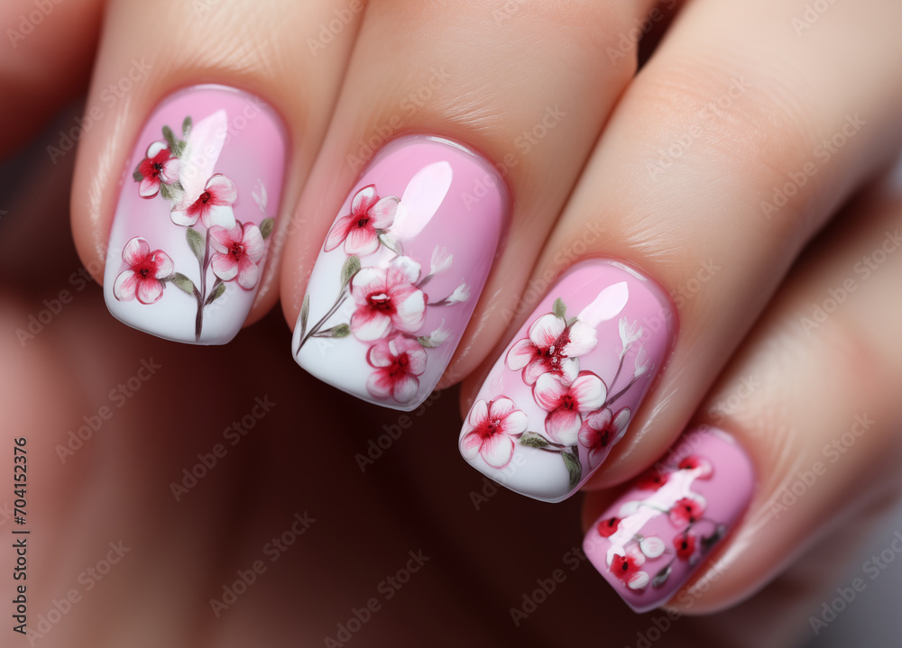 Nail art, pink spring blossom design, illustration generative AI