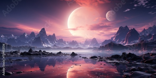 An alien landscape with mountains, rocks, and water photo