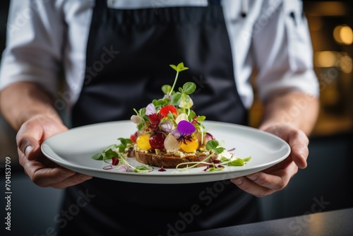 Chef holds a plate with a high gastronomic dish decorated with flowers