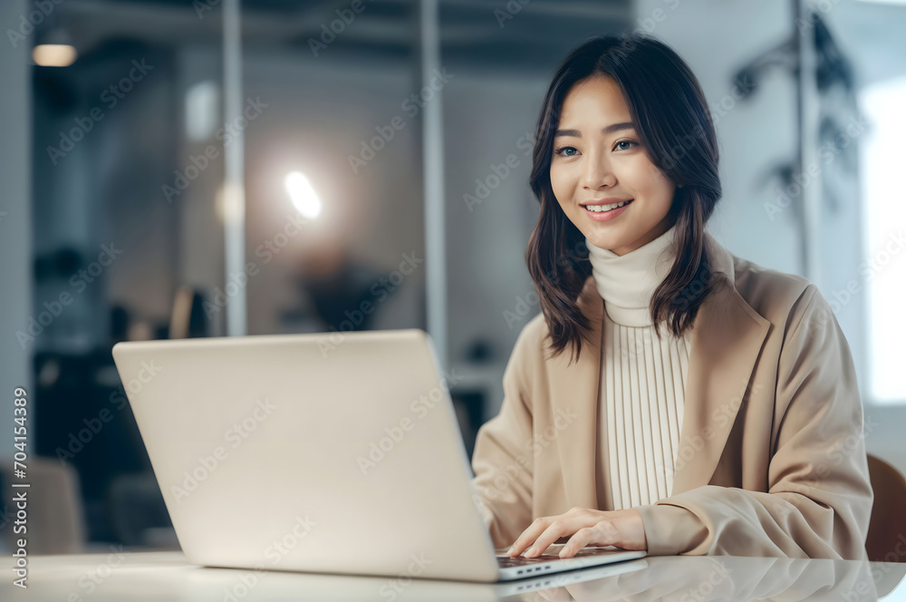Office Working Girl, Pretty and Cute Asian Smile is sitting in front of Laptop Computer in Office Environment Background created with generative AI. Office Working Girl, Pretty and Cute Asian Smile is sitting in front of Laptop Computer in Office Environment Background created with generative AI.