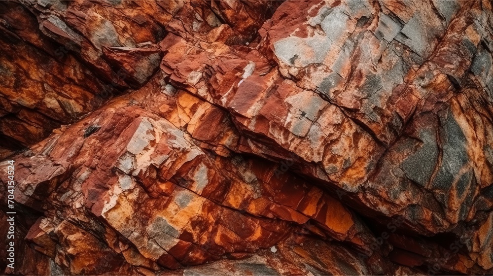 Dark red orange brown rock texture with cracks. Close-up. Rough mountain surface. Stone granite background for design. Nature. Wide banner. Design concept. Banner concept. Art concept. Rock concept.
