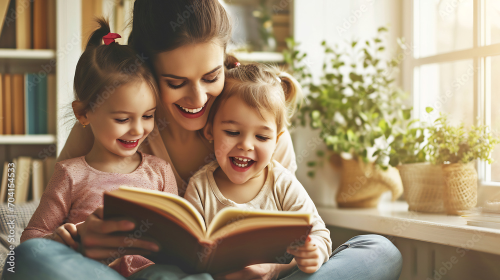 Mother reading a book with her baby girls at home, mom and child spending time together - obrazy, fototapety, plakaty 