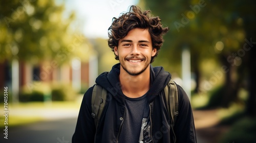 Portrait of a smiling young male college student with curly hair wearing a black hoodie