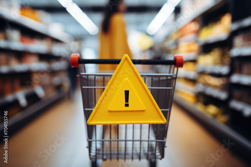 A shopping cart with a caution sign on it Price increases, quality cuts decrease satisfaction of consumers. Yellow warning sign on a shopping cart. photo