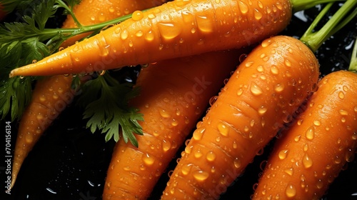 Fresh and wet orange carrots with green leaves