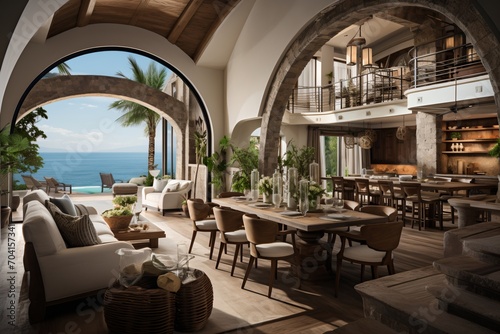 Modern Mexican villa interior with ocean view