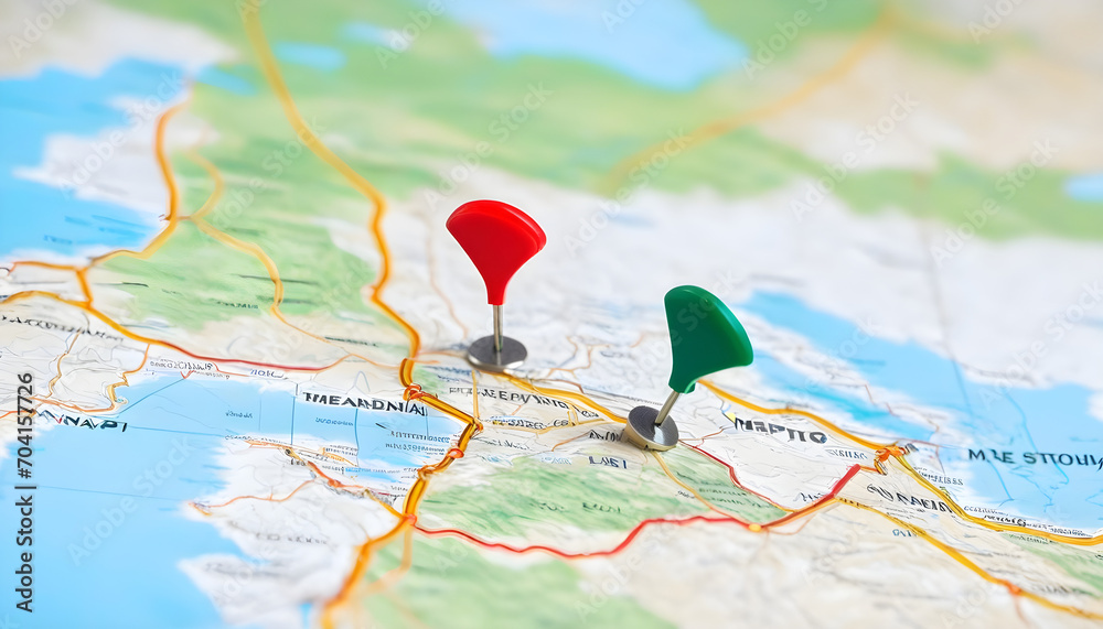 Pins on a geographic map curved like mountains. Pinning a location on a